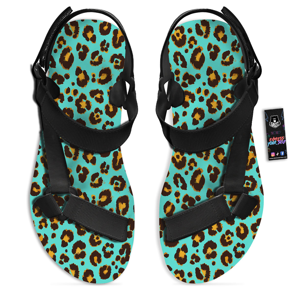 Leopard Turquoise Print Pattern Black Open Toe Sandals-grizzshop