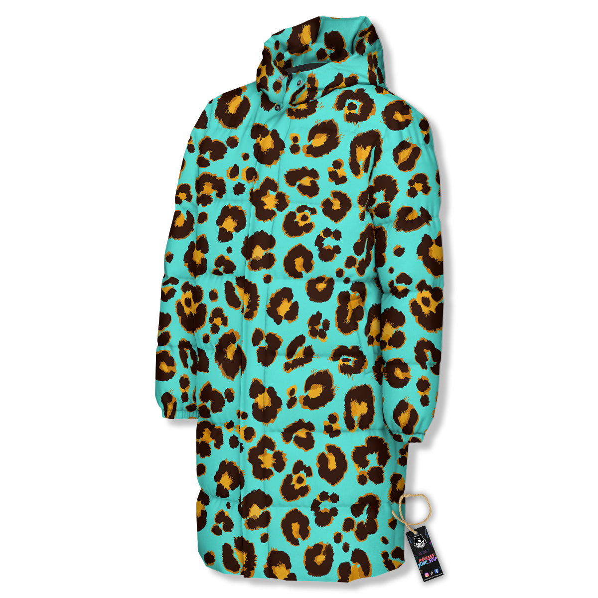 Leopard Turquoise Print Pattern Long Down Jacket-grizzshop