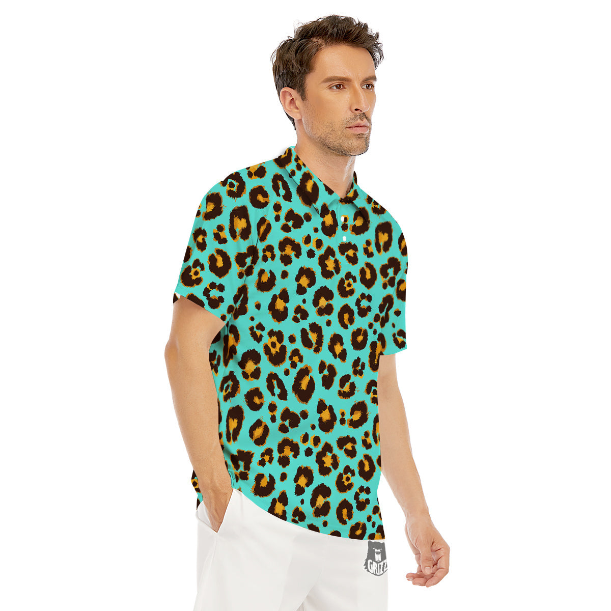 Leopard Turquoise Print Pattern Men's Golf Shirts-grizzshop