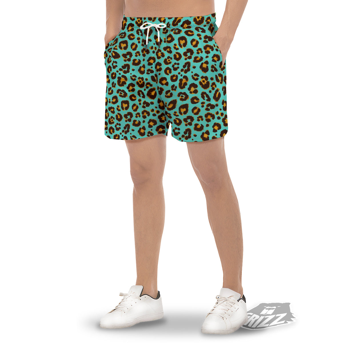 Leopard Turquoise Print Pattern Men's Gym Shorts-grizzshop