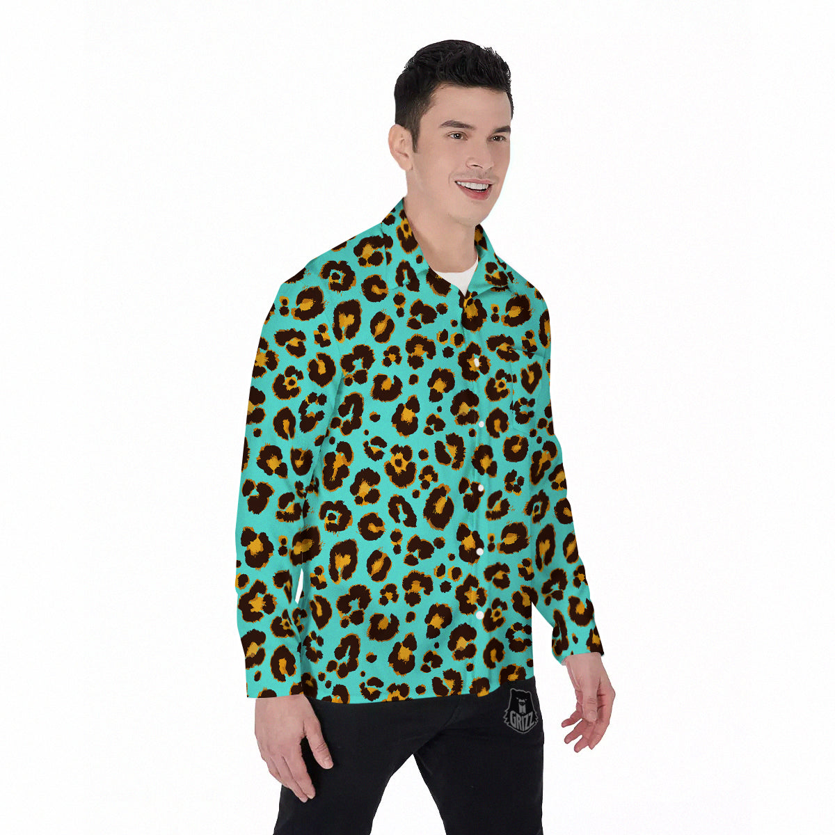 Leopard Turquoise Print Pattern Men's Long Sleeve Shirts-grizzshop