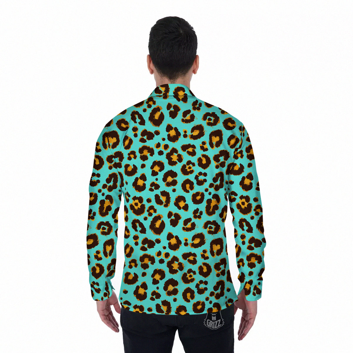 Leopard Turquoise Print Pattern Men's Long Sleeve Shirts-grizzshop