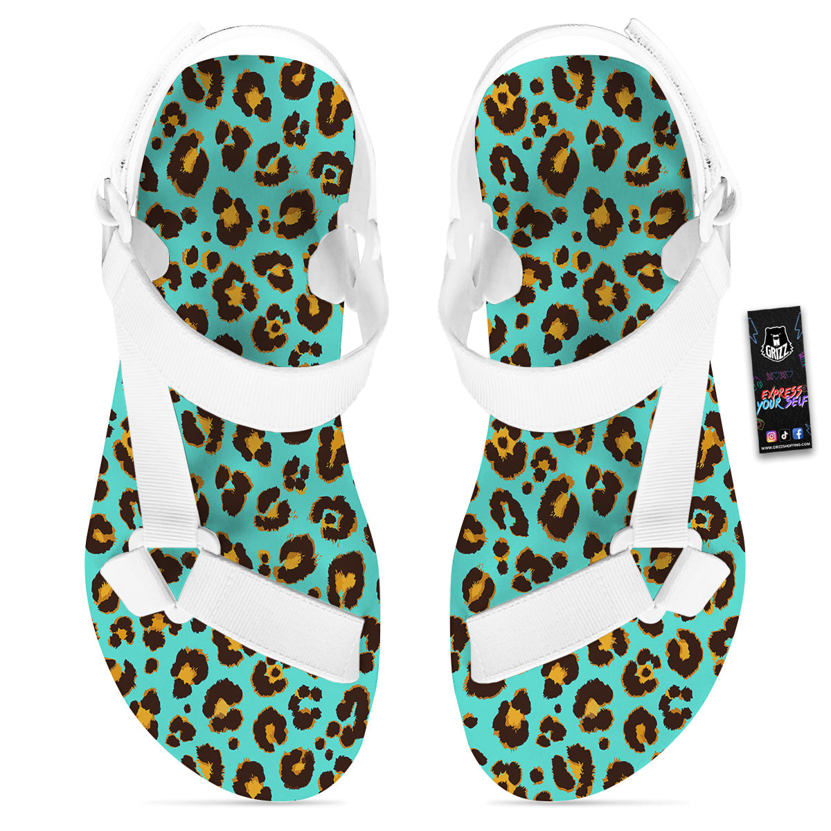 Leopard Turquoise Print Pattern White Open Toe Sandals-grizzshop