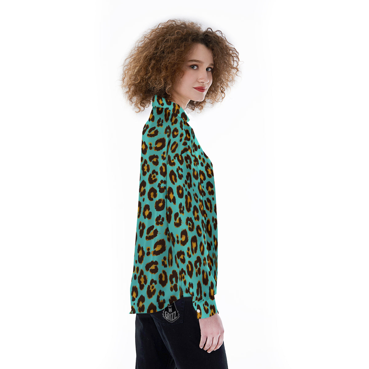 Leopard Turquoise Print Pattern Women's Long Sleeve Shirts-grizzshop