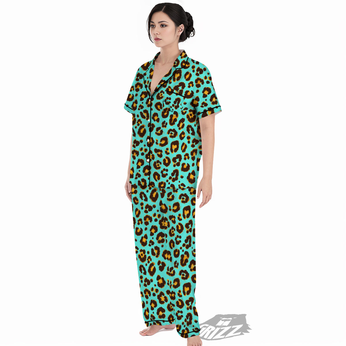 Leopard Turquoise Print Pattern Women's Pajamas Set-grizzshop