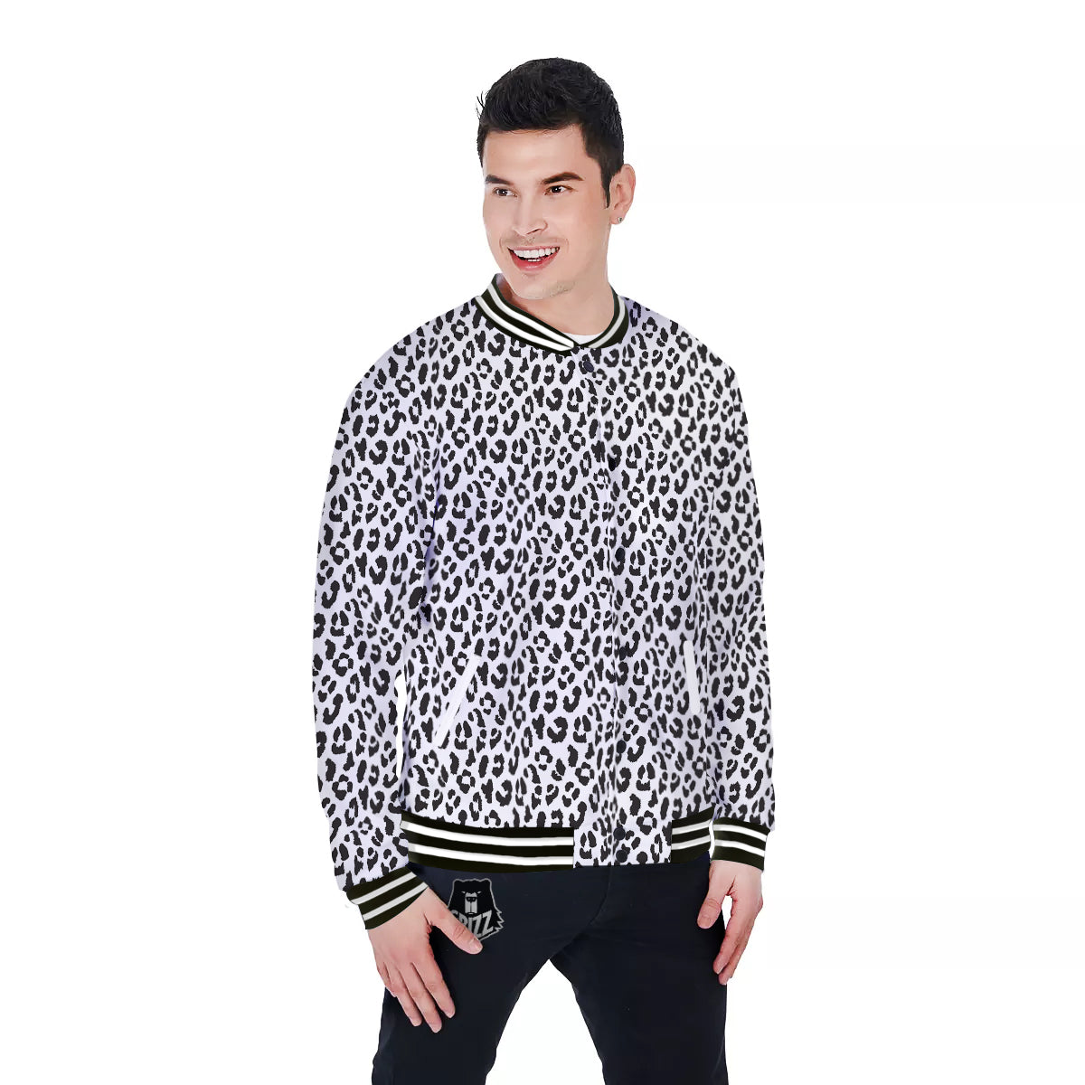 Leopard White Print Pattern Baseball Jacket-grizzshop