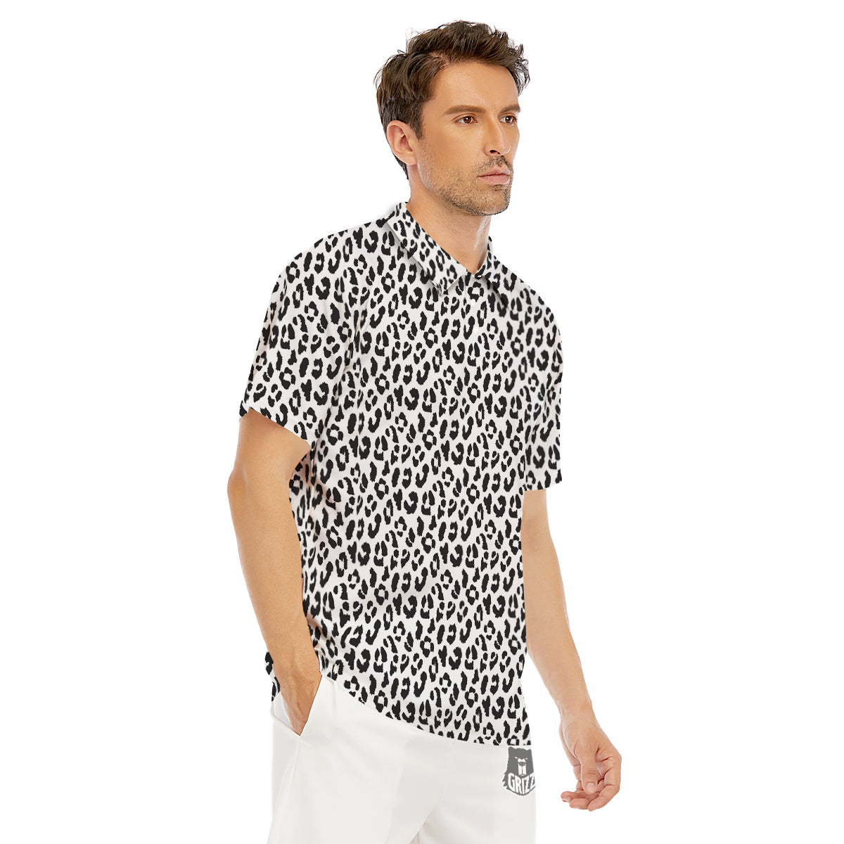 Leopard White Print Pattern Men's Golf Shirts-grizzshop