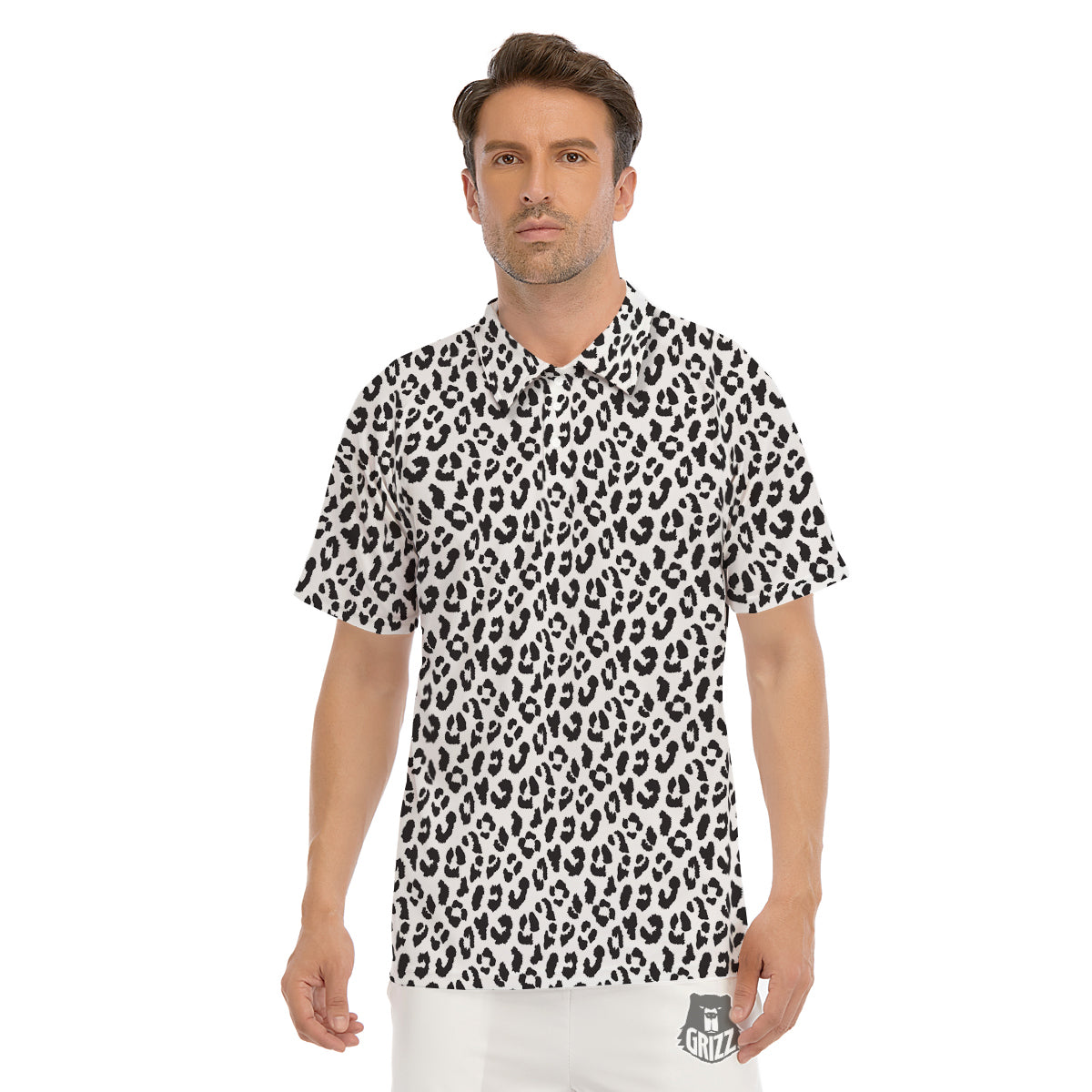 Leopard White Print Pattern Men's Golf Shirts-grizzshop