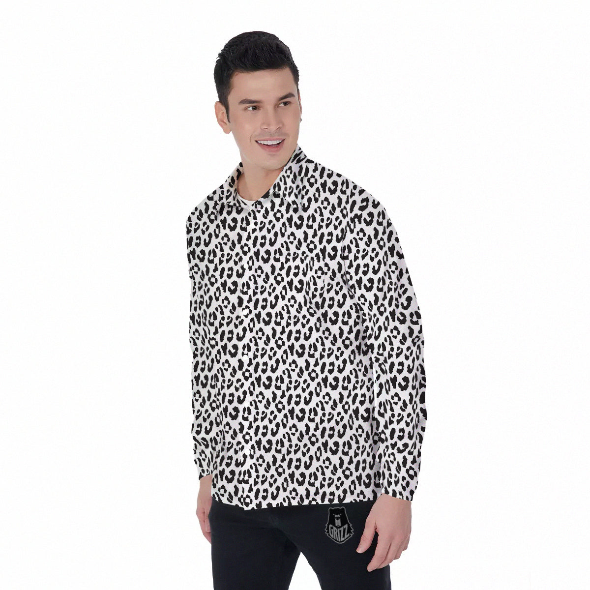 Leopard White Print Pattern Men's Long Sleeve Shirts-grizzshop