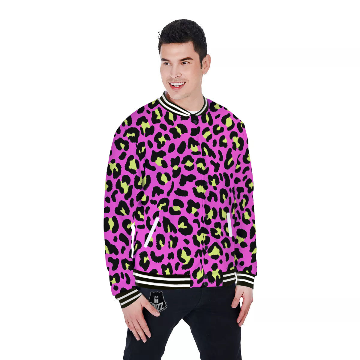 Leopard Yellow And Pink Print Baseball Jacket-grizzshop