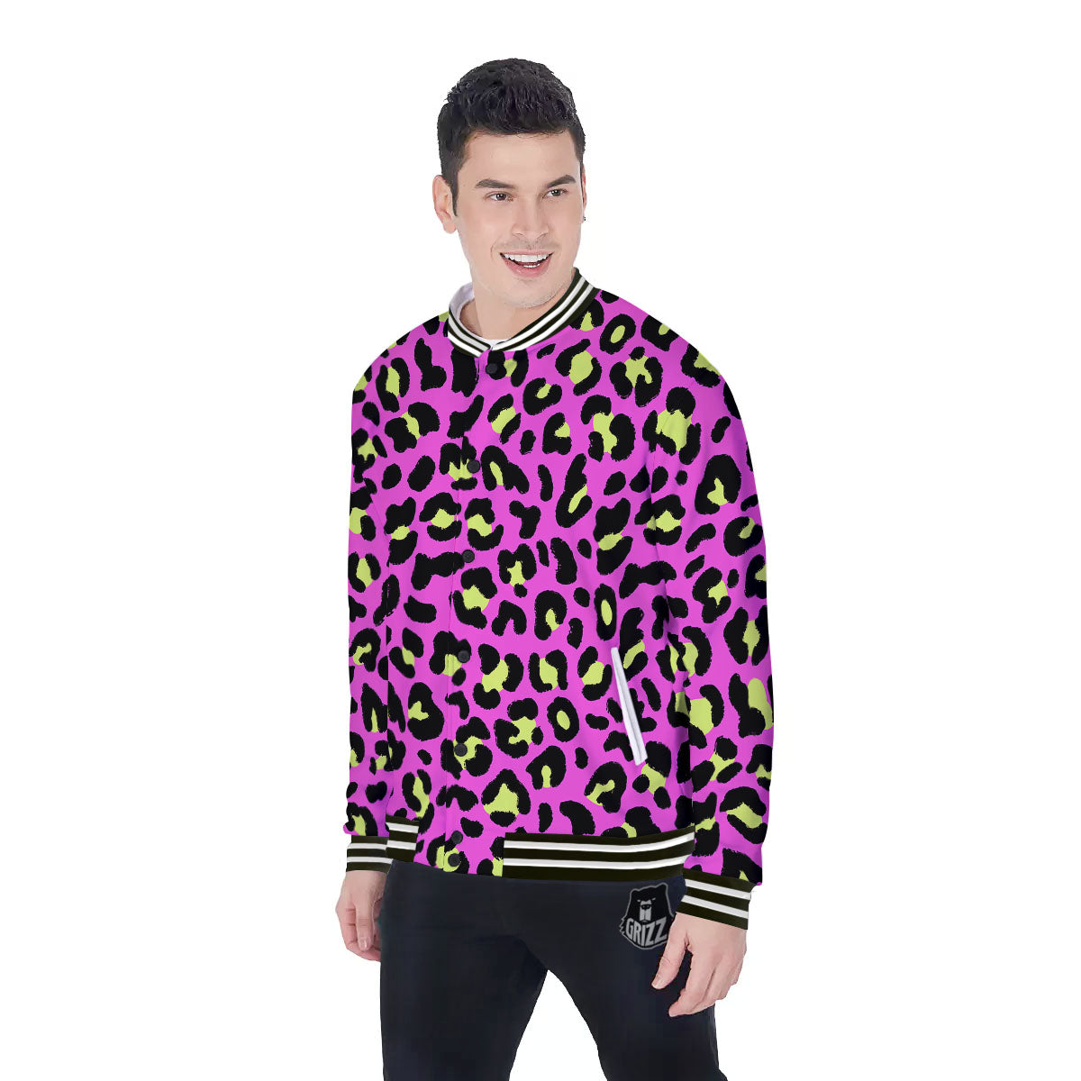 Leopard Yellow And Pink Print Baseball Jacket-grizzshop