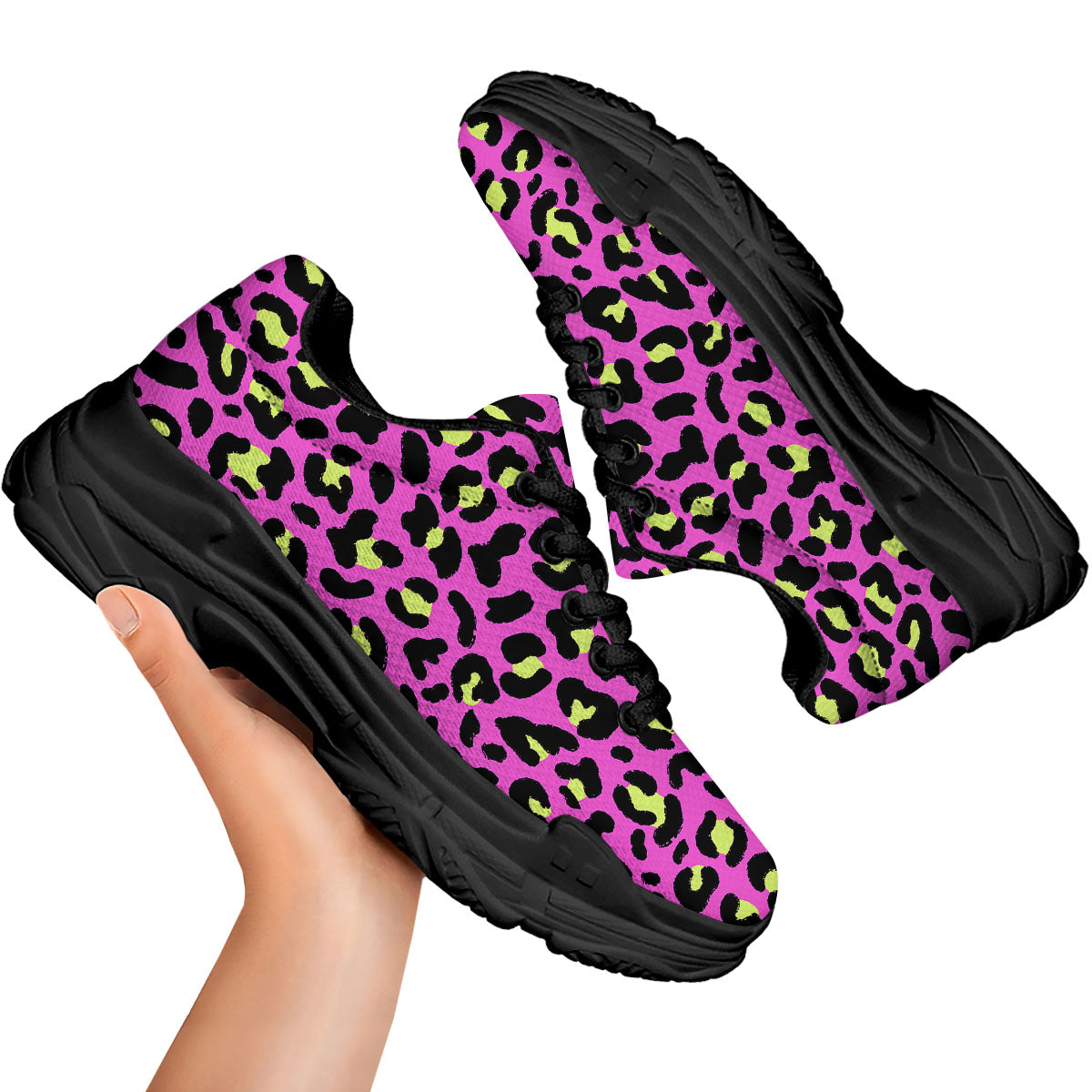 Leopard Yellow And Pink Print Black Chunky Shoes-grizzshop