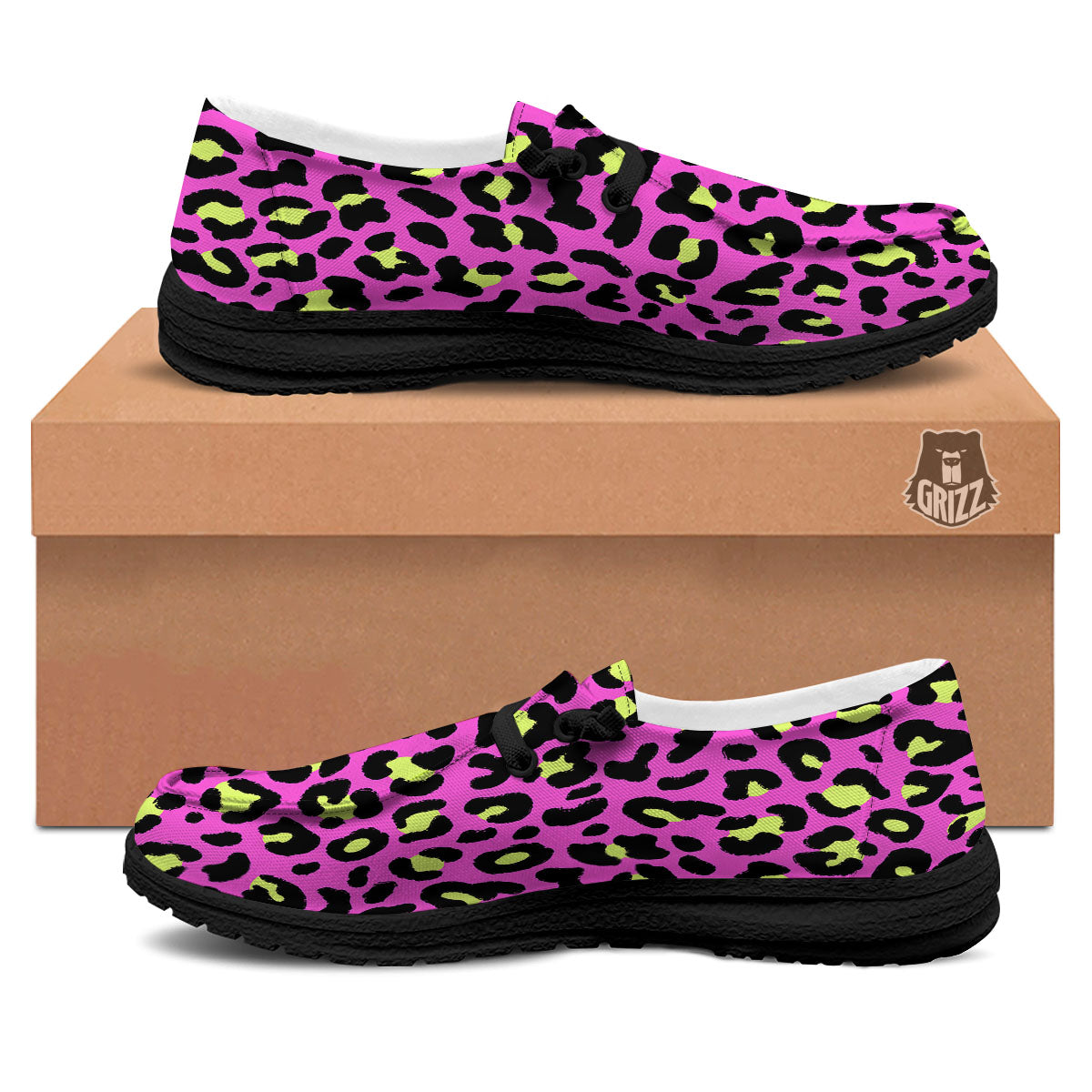 Leopard Yellow And Pink Print Black Loafers-grizzshop