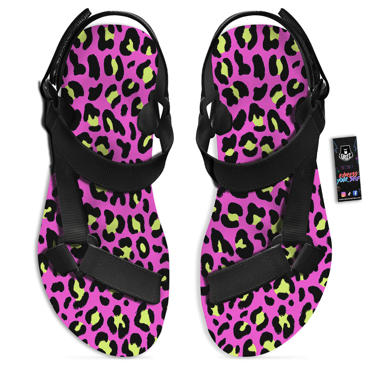 Leopard Yellow And Pink Print Black Open Toe Sandals-grizzshop