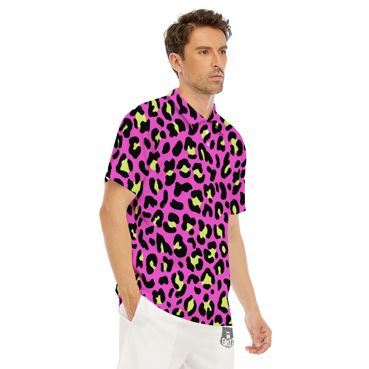 Leopard Yellow And Pink Print Men's Golf Shirts-grizzshop
