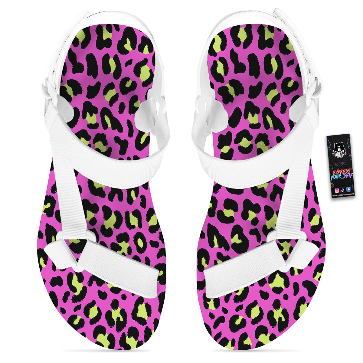 Leopard Yellow And Pink Print White Open Toe Sandals-grizzshop