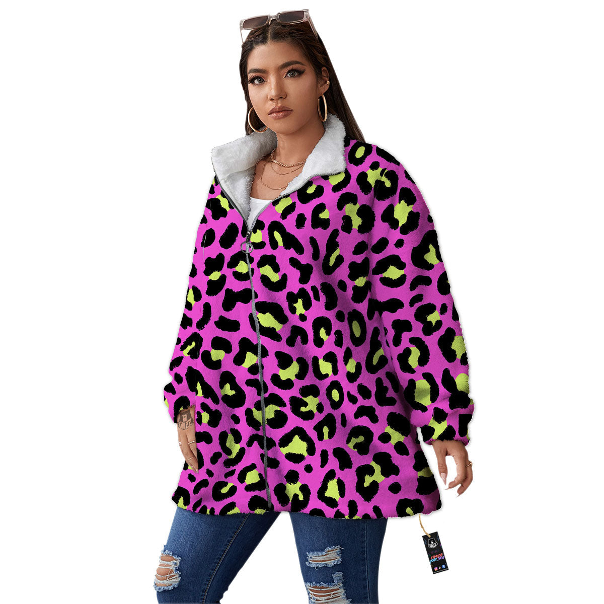 Leopard Yellow And Pink Print Women's Sherpa Jacket-grizzshop
