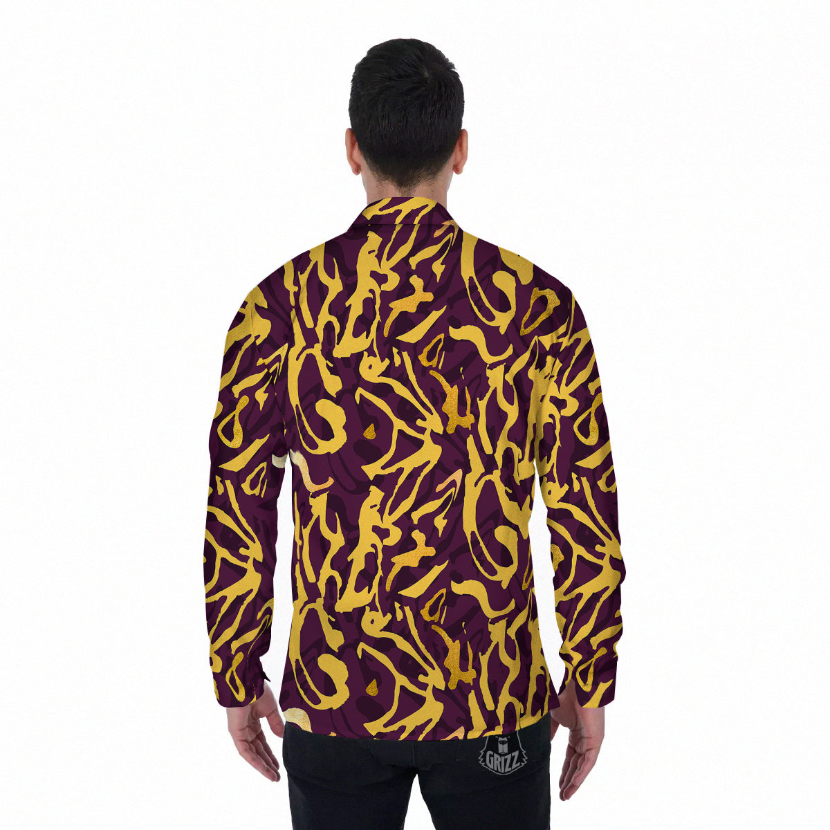 Leopard Yellow And Purple Print Pattern Men's Long Sleeve Shirts-grizzshop