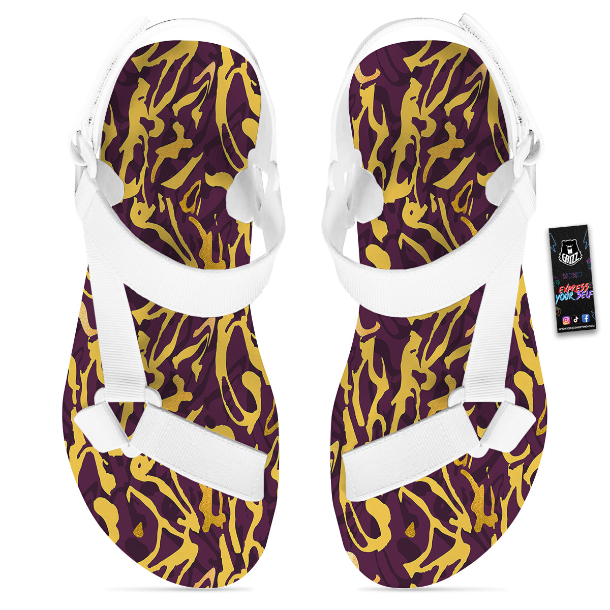 Leopard Yellow And Purple Print Pattern White Open Toe Sandals-grizzshop