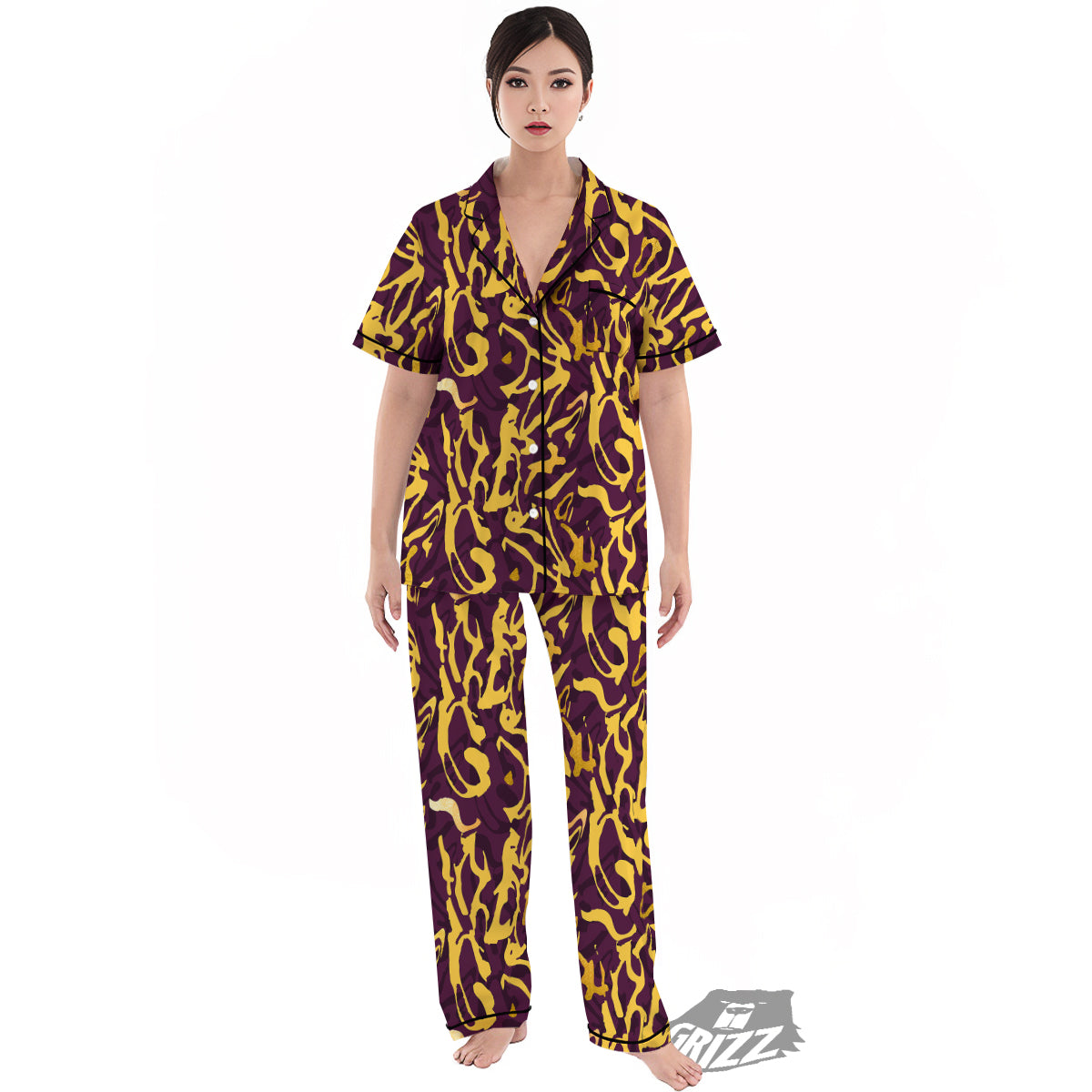 Leopard Yellow And Purple Print Pattern Women's Pajamas Set-grizzshop