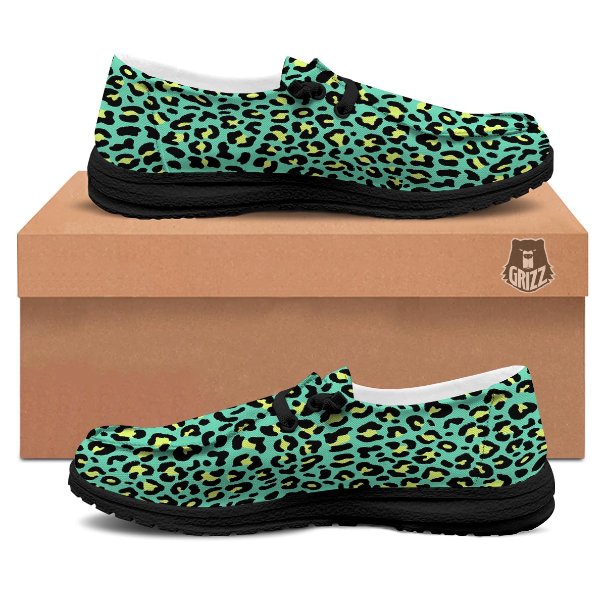 Leopard Yellow And Teal Print Pattern Black Loafers-grizzshop