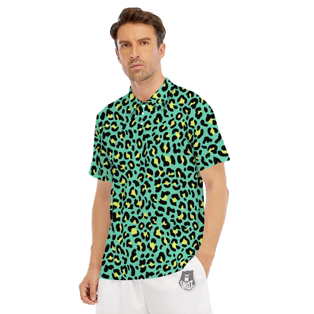 Leopard Yellow And Teal Print Pattern Men's Golf Shirts-grizzshop