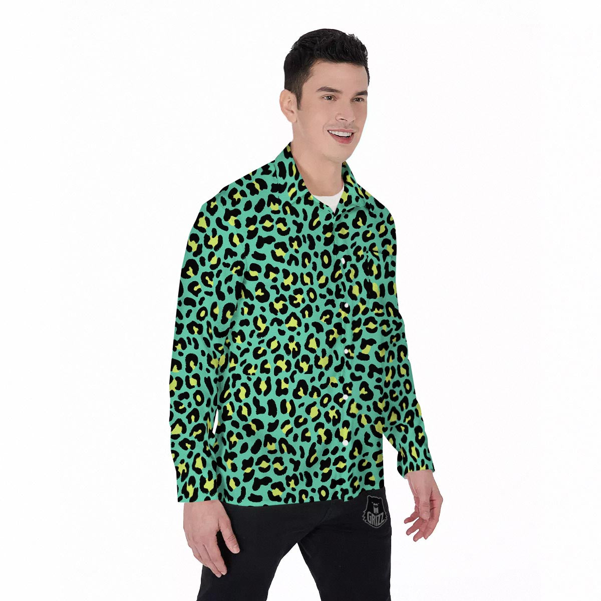 Leopard Yellow And Teal Print Pattern Men's Long Sleeve Shirts-grizzshop