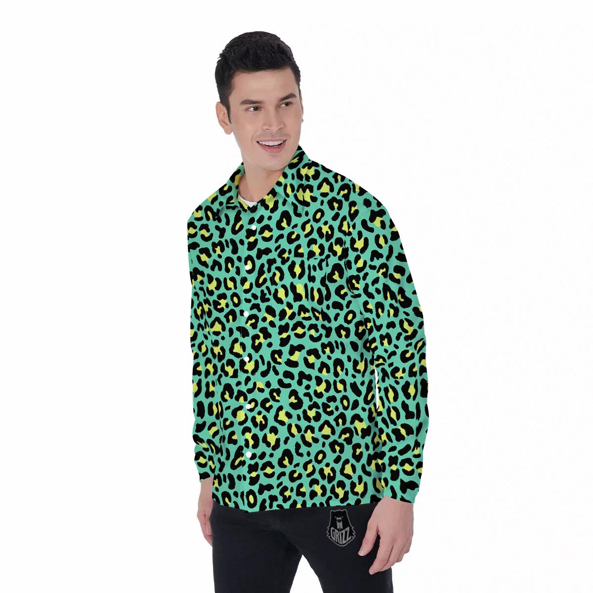 Leopard Yellow And Teal Print Pattern Men's Long Sleeve Shirts-grizzshop