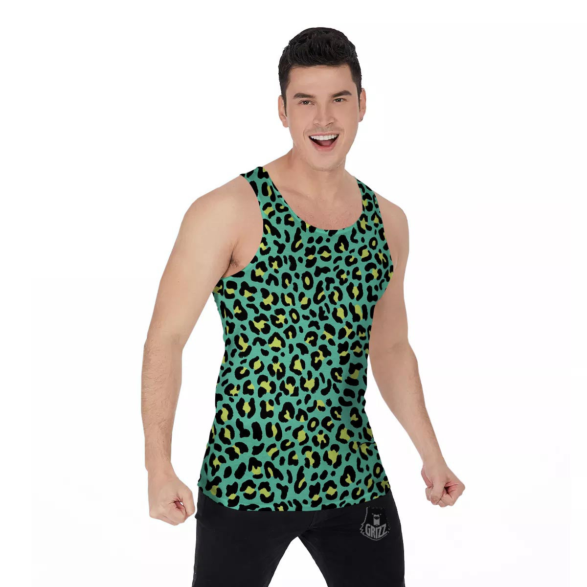 Leopard Yellow And Teal Print Pattern Men's Tank Top-grizzshop