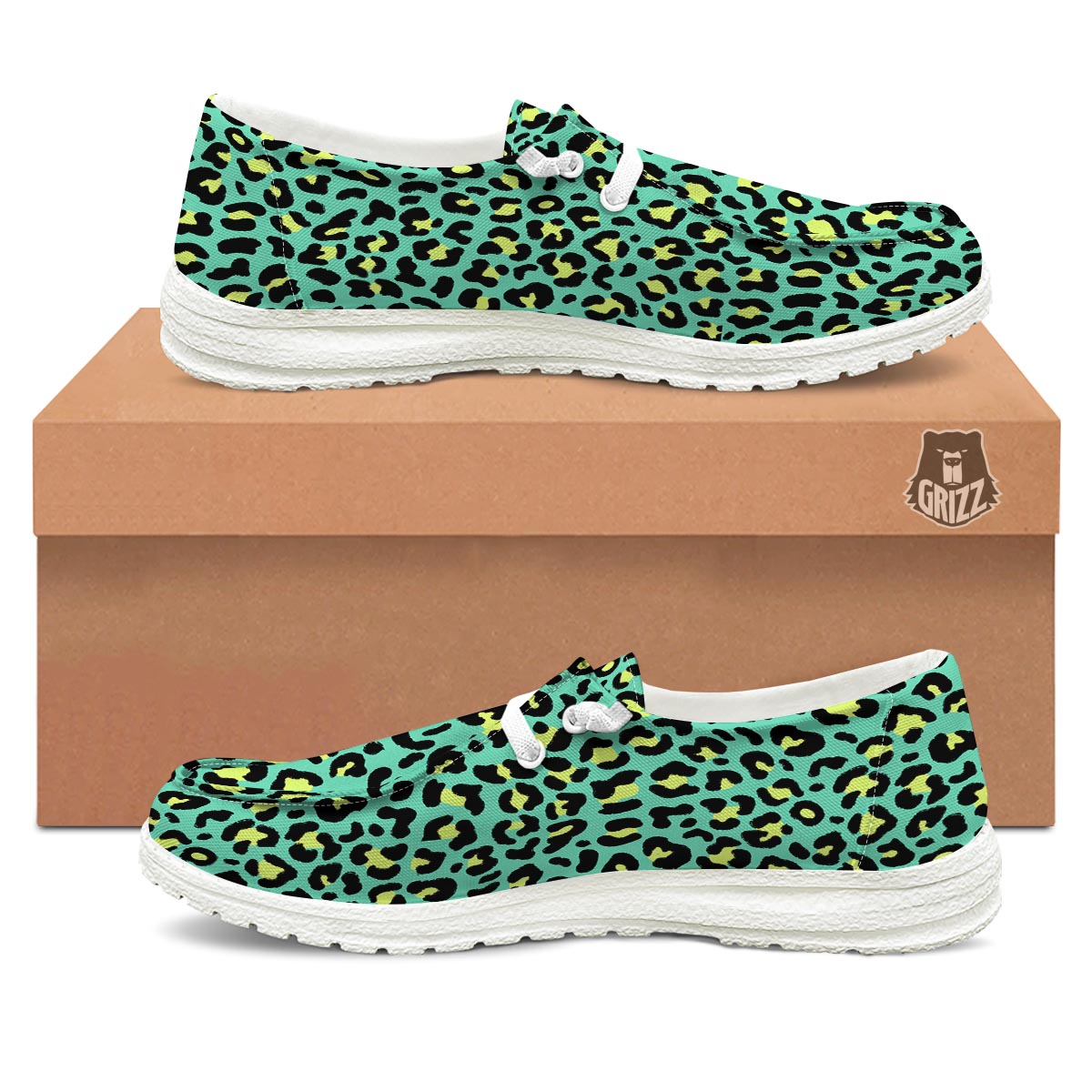 Leopard Yellow And Teal Print Pattern White Loafers-grizzshop