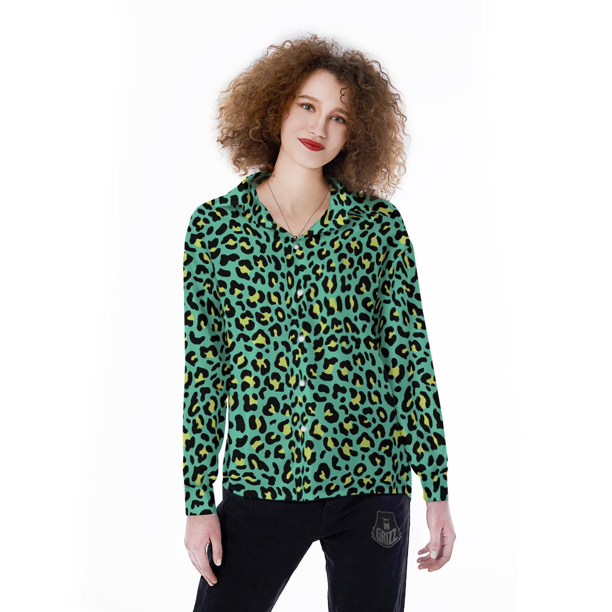 Leopard Yellow And Teal Print Pattern Women's Long Sleeve Shirts-grizzshop