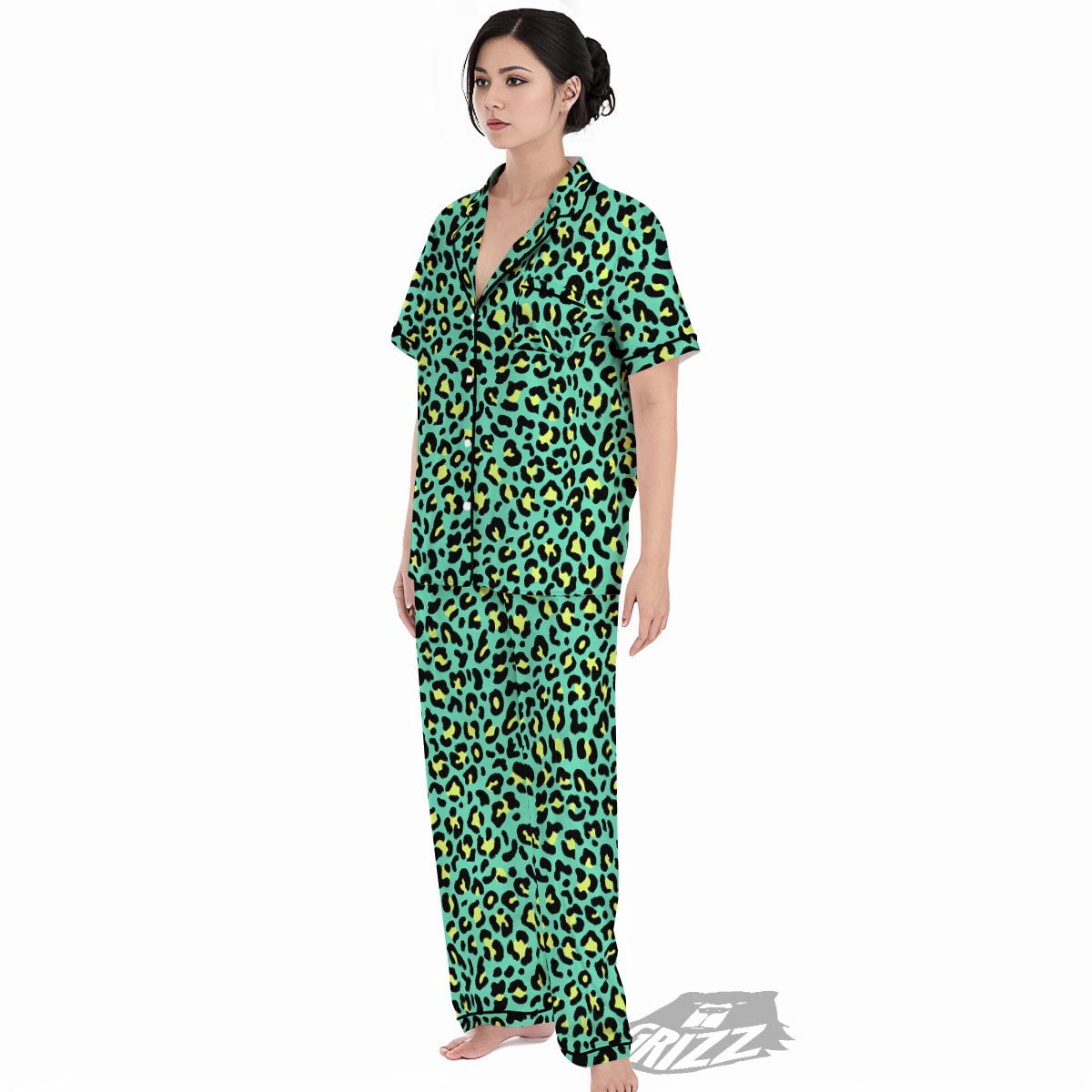 Leopard Yellow And Teal Print Pattern Women's Pajamas Set-grizzshop