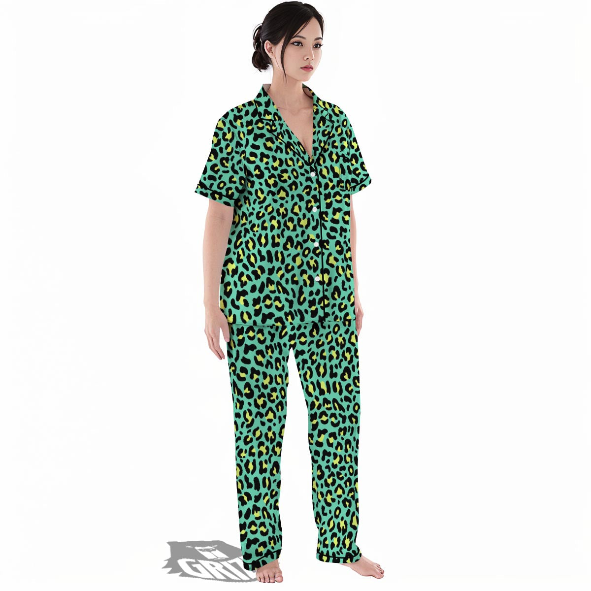 Leopard Yellow And Teal Print Pattern Women's Pajamas Set-grizzshop