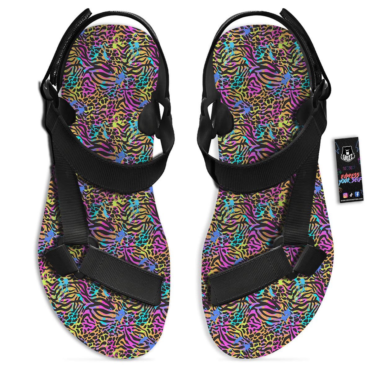 Leopard Zebra Colorful Print Pattern Black Open Toe Sandals-grizzshop