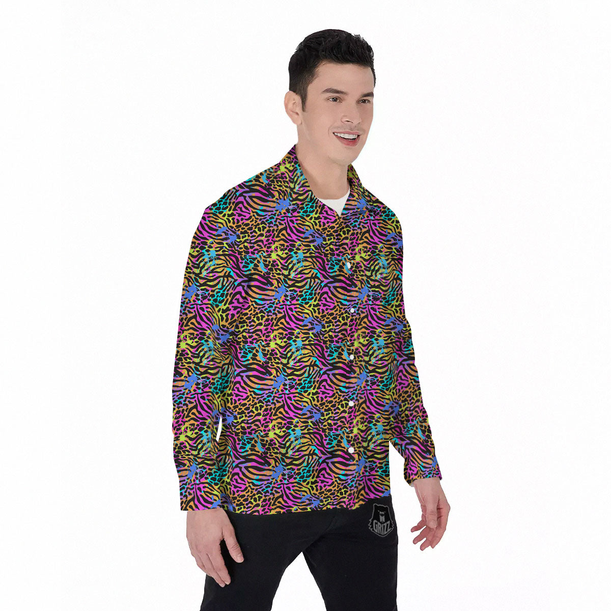 Leopard Zebra Colorful Print Pattern Men's Long Sleeve Shirts-grizzshop