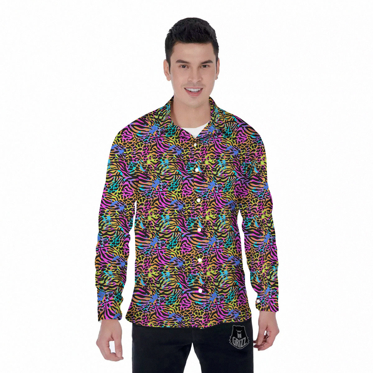 Leopard Zebra Colorful Print Pattern Men's Long Sleeve Shirts-grizzshop