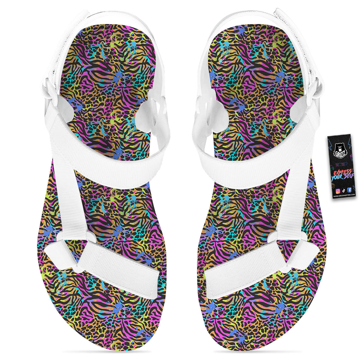 Leopard Zebra Colorful Print Pattern White Open Toe Sandals-grizzshop