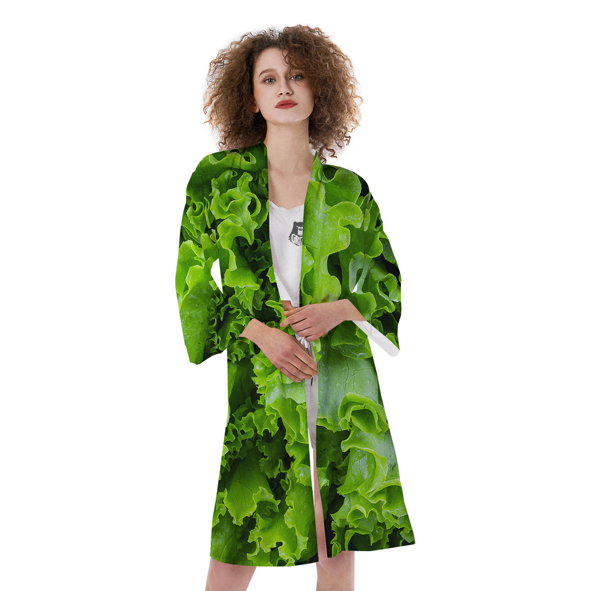 Lettuce Green Leaves Print Kimono-grizzshop