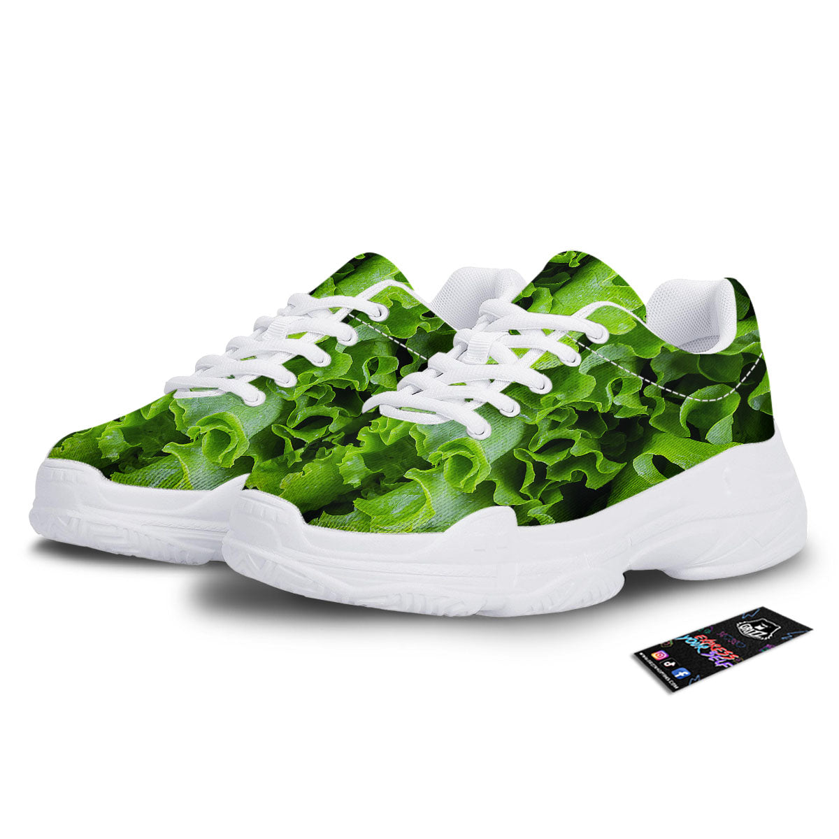 Lettuce Green Leaves Print White Chunky Shoes-grizzshop