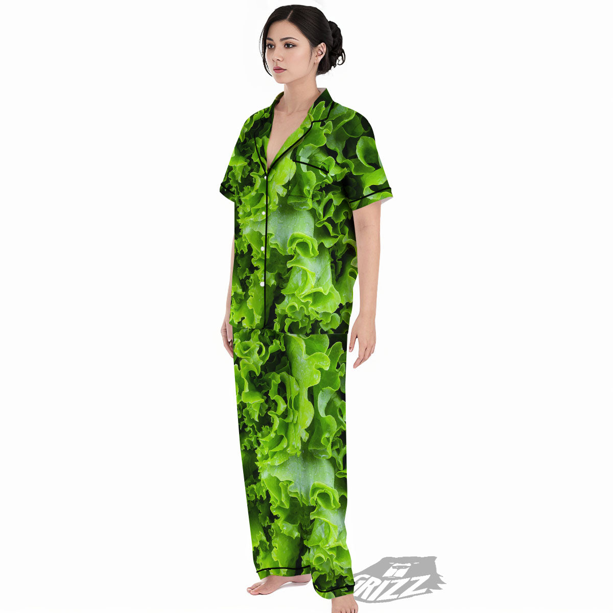Lettuce Green Leaves Print Women's Pajamas Set-grizzshop