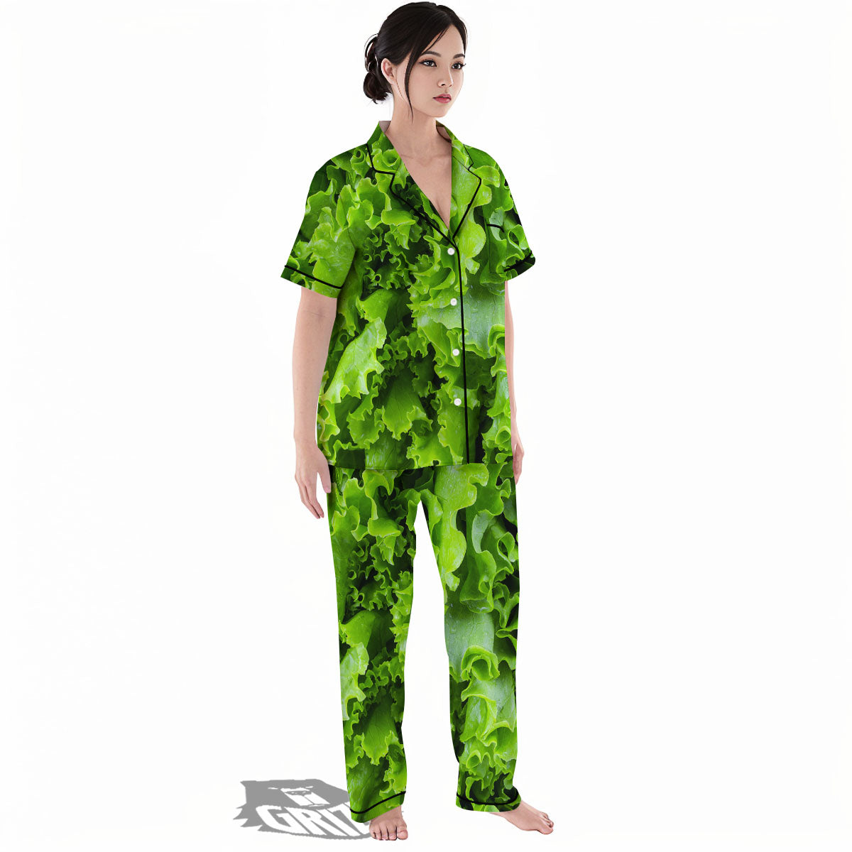 Lettuce Green Leaves Print Women's Pajamas Set-grizzshop