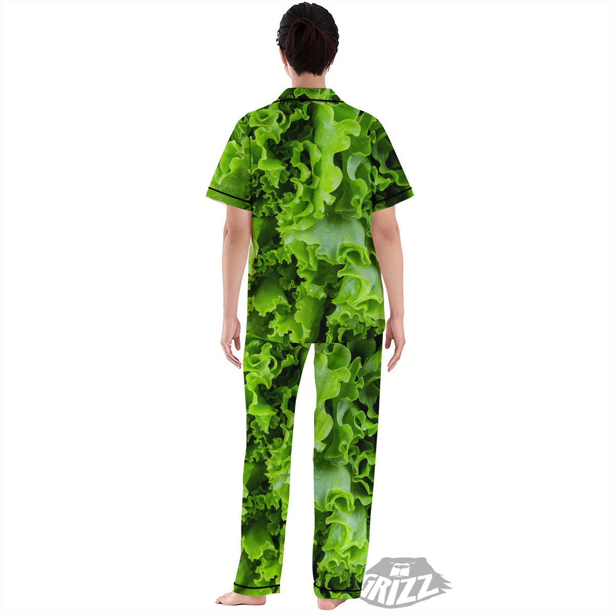 Lettuce Green Leaves Print Women's Pajamas Set-grizzshop