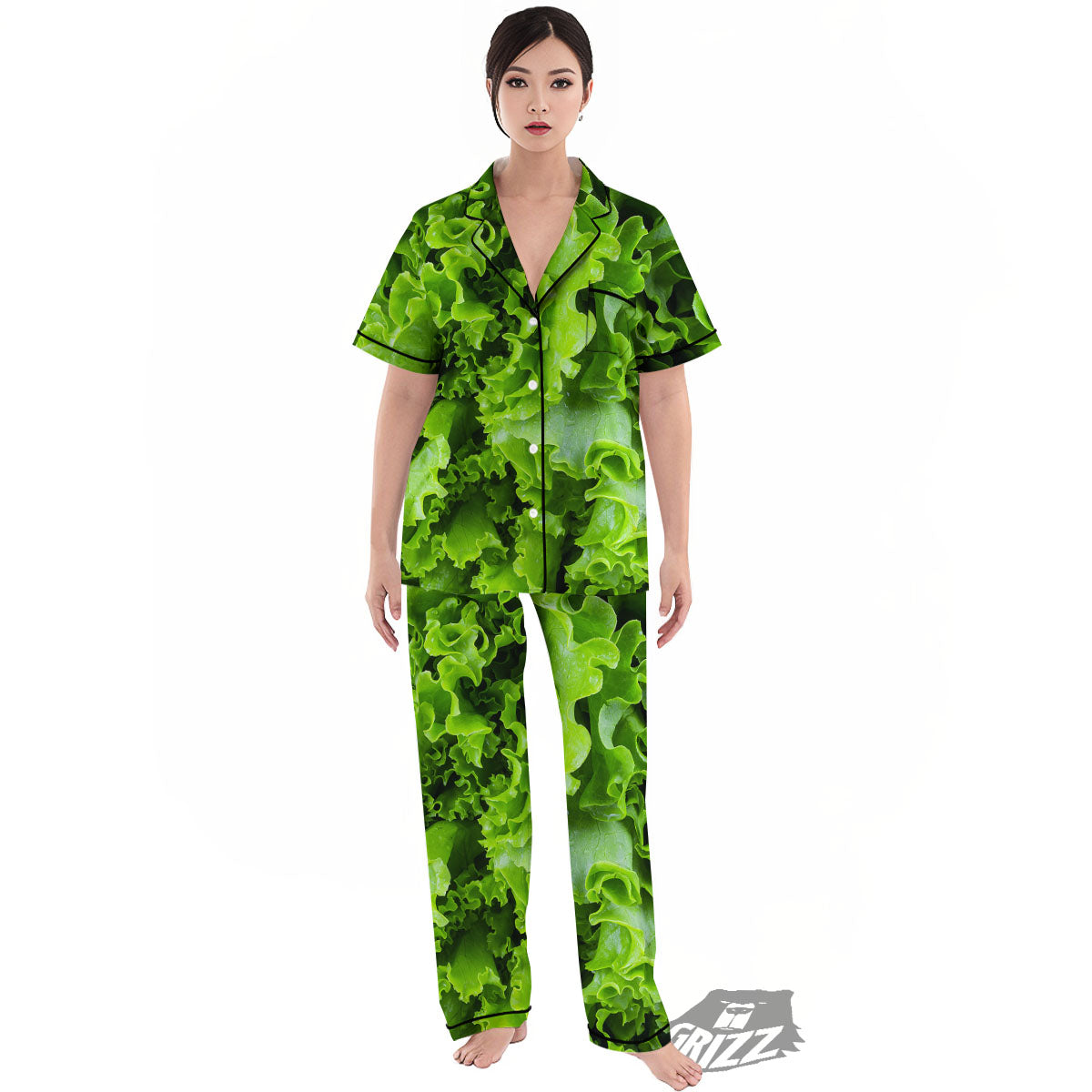 Lettuce Green Leaves Print Women's Pajamas Set-grizzshop