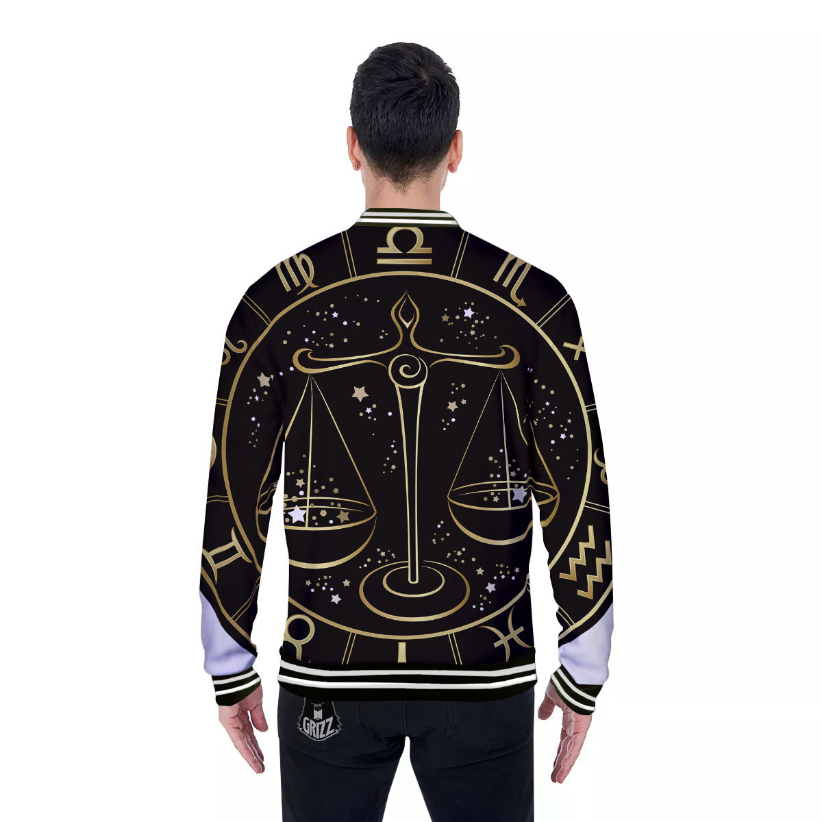 Libra Sign Black And Gold Print Baseball Jacket-grizzshop
