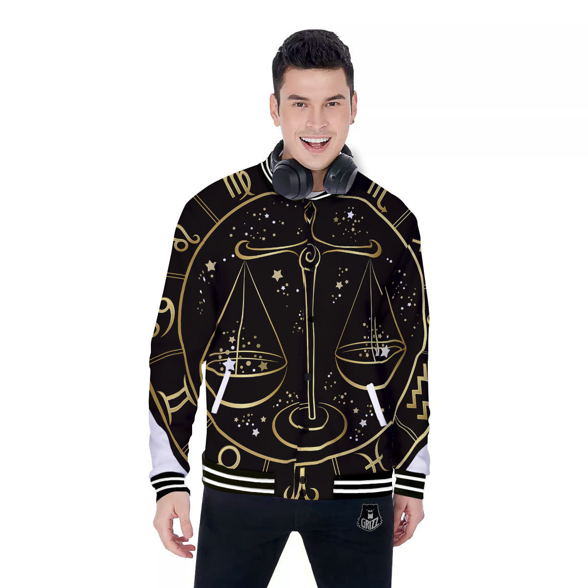 Libra Sign Black And Gold Print Baseball Jacket-grizzshop