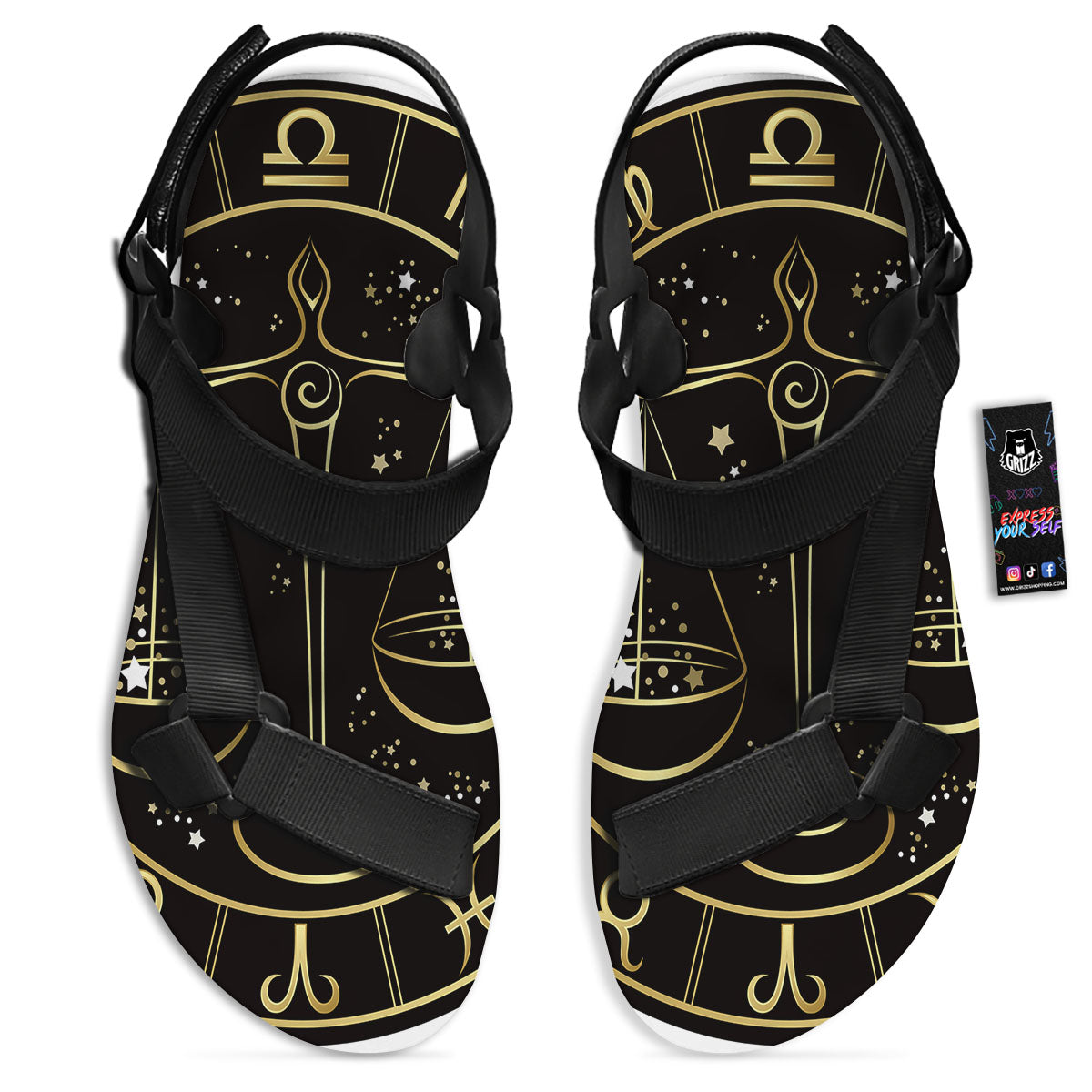 Libra Sign Black And Gold Print Black Open Toe Sandals-grizzshop