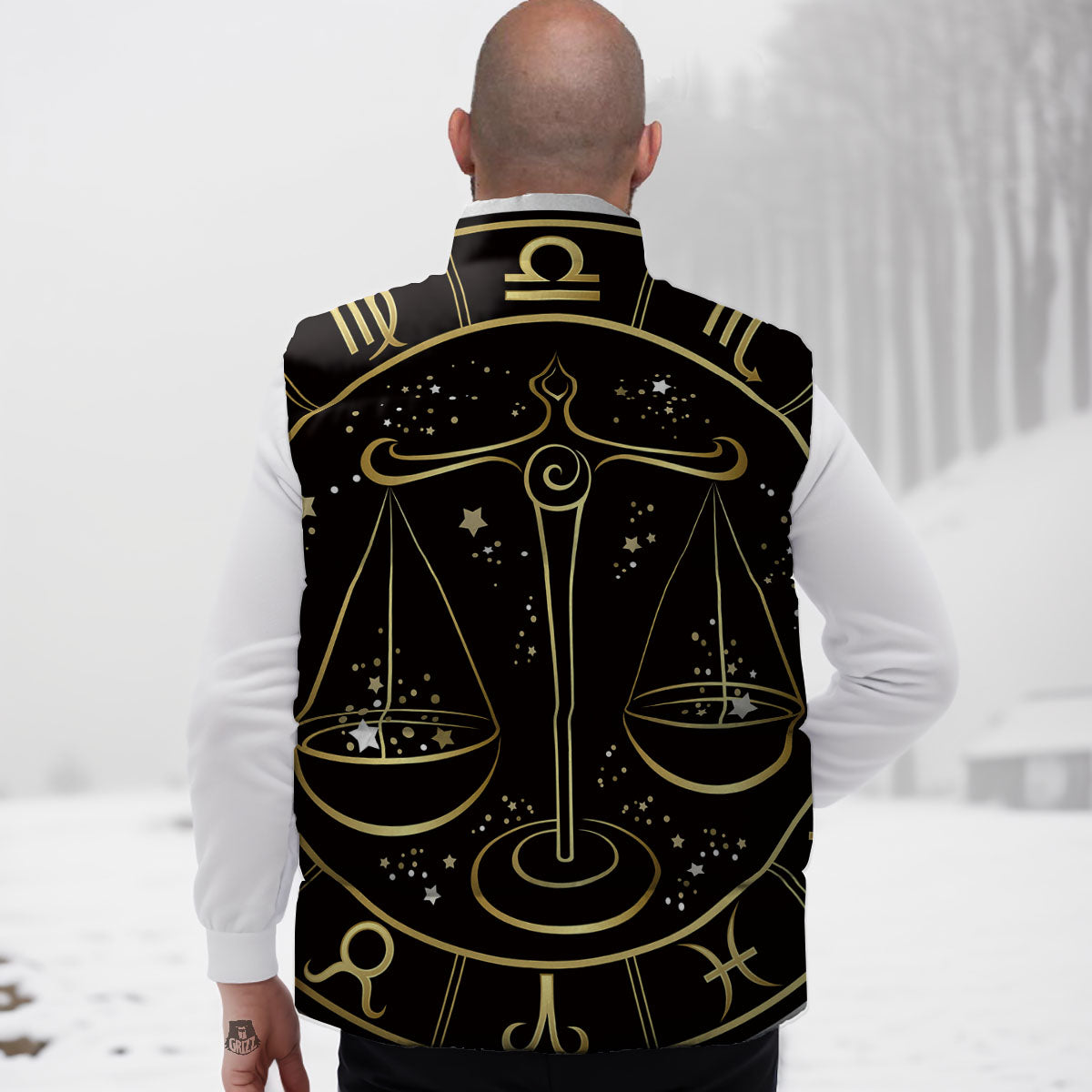 Libra Sign Black And Gold Print Down Vest