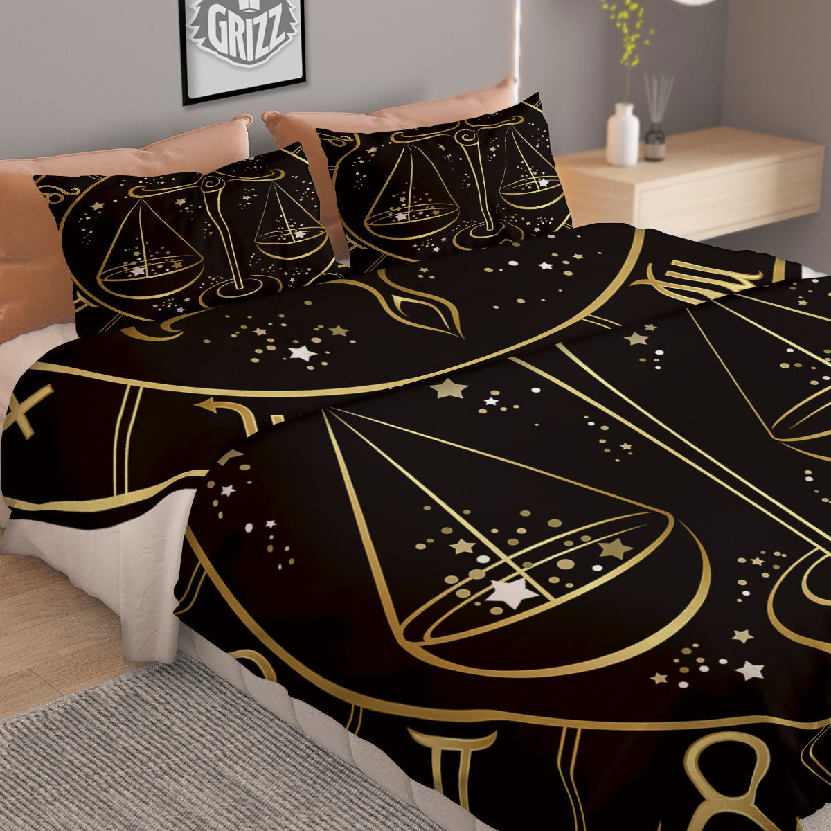 Libra Sign Black And Gold Print Duvet Cover Bedding Set