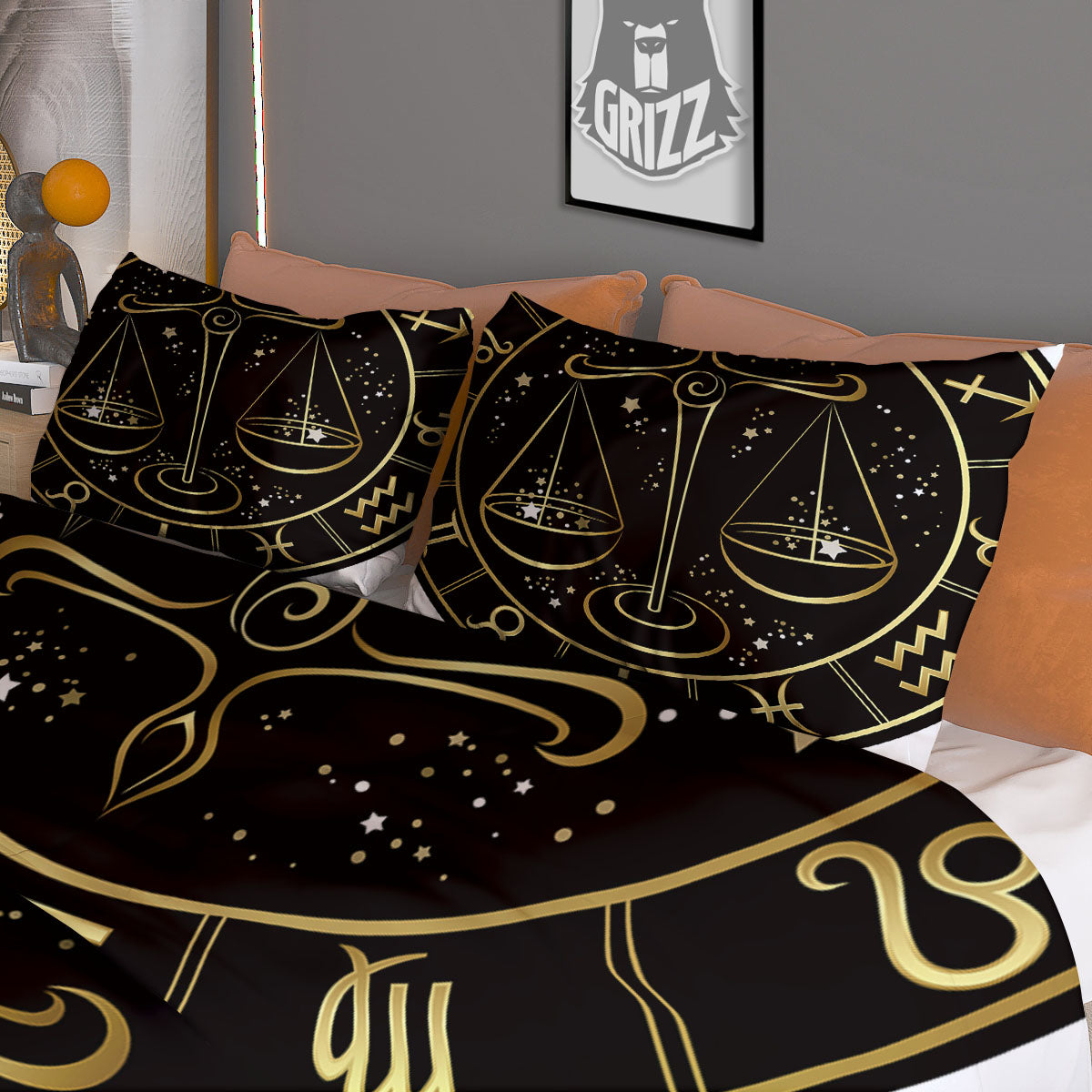 Libra Sign Black And Gold Print Duvet Cover Bedding Set