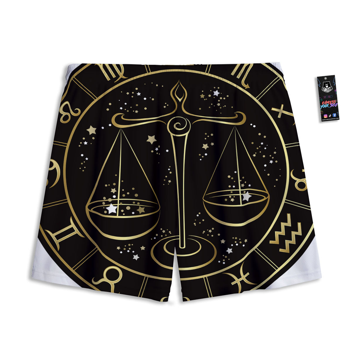 Libra Sign Black And Gold Print Mesh Shorts